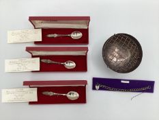 Collection of sterling silver items to include Rose bowl, 3 boxed Jubilee spoons, and a sterling