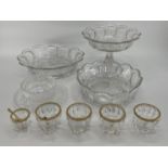 Pressed glass table set to include circular tazza and two bowls, and a Thomas frosted bowl and plate