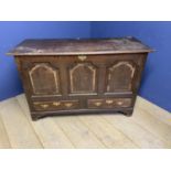 A large part C18th oak 3 pannelled mule chest,with 2 drawers and brass furniture, on raised legs,