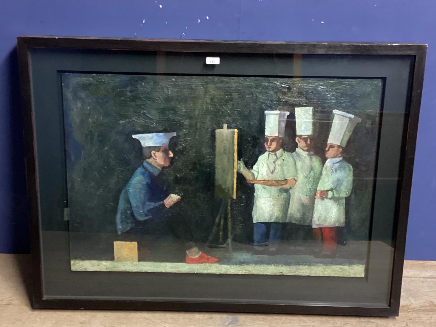 WILLIAM BALTHAZAR, British, Large black frame and glazed painting of chefs, La Gavroche, Provenance: