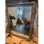 Large decorative bevelled wall mirror, with silver coloured ornate frame, 108cmW x 136cmH