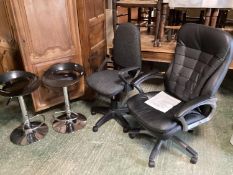 A modern leather office chair, in good condition, and 2 modern bar stools etc