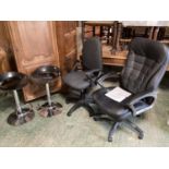 A modern leather office chair, in good condition, and 2 modern bar stools etc