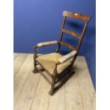 Large elm high back rush seated Country rocking chair