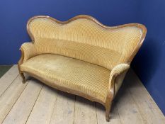 French, C19th walnut framed sofa, with shaped back, and legs, and gold coloured upholstery. With