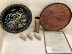 Collection of misc. items, to include 2 oriental trays, and decorated brass trench art shell, 3 cast