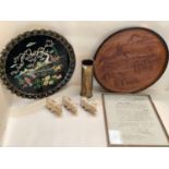 Collection of misc. items, to include 2 oriental trays, and decorated brass trench art shell, 3 cast