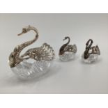 Three silver and moulded glass swan shaped table pot pouris, stamped 800 and 925, largest 15 x 17
