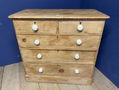 Antique pine chest of 2 short over 3 long drawers, with white knob handles