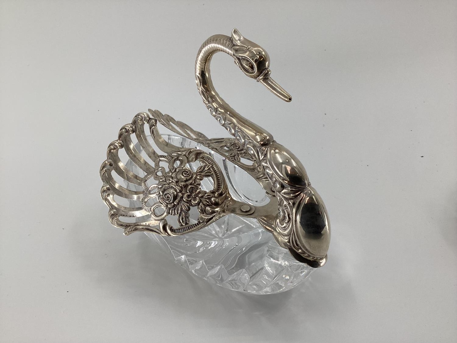 Three silver and moulded glass swan shaped table pot pouris, stamped 800 and 925, largest 15 x 17 - Image 2 of 9