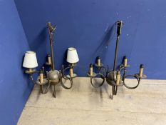 Pair of Early C20th 5 branch brass ad copper ceiling chandeliers of Arrow and Orb design, 82cmW