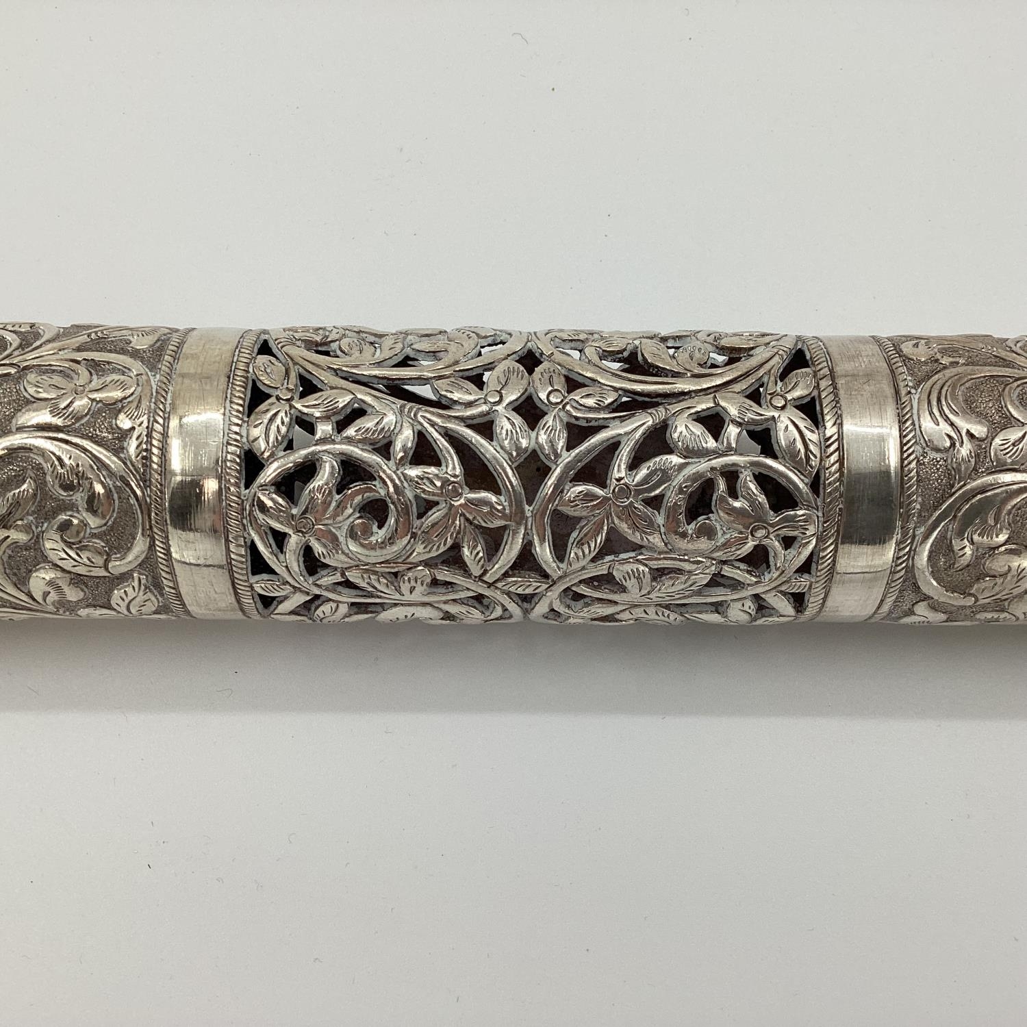 Silver Middle Eastern style Prayer Scroll with pierced and raised floral decoration stamped 900, - Image 3 of 12