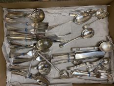 A collection of silver plated flatware and plated items