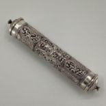 An unmarked white metal Middle Eastern Prayer Scroll with cast floral decoration 28cm , 315g