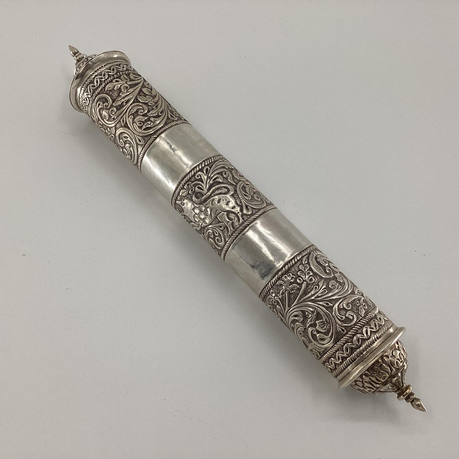 A Middle Eastern style white metal prayer scroll with raised flora and fauna decoration, 30cm, - Image 2 of 12