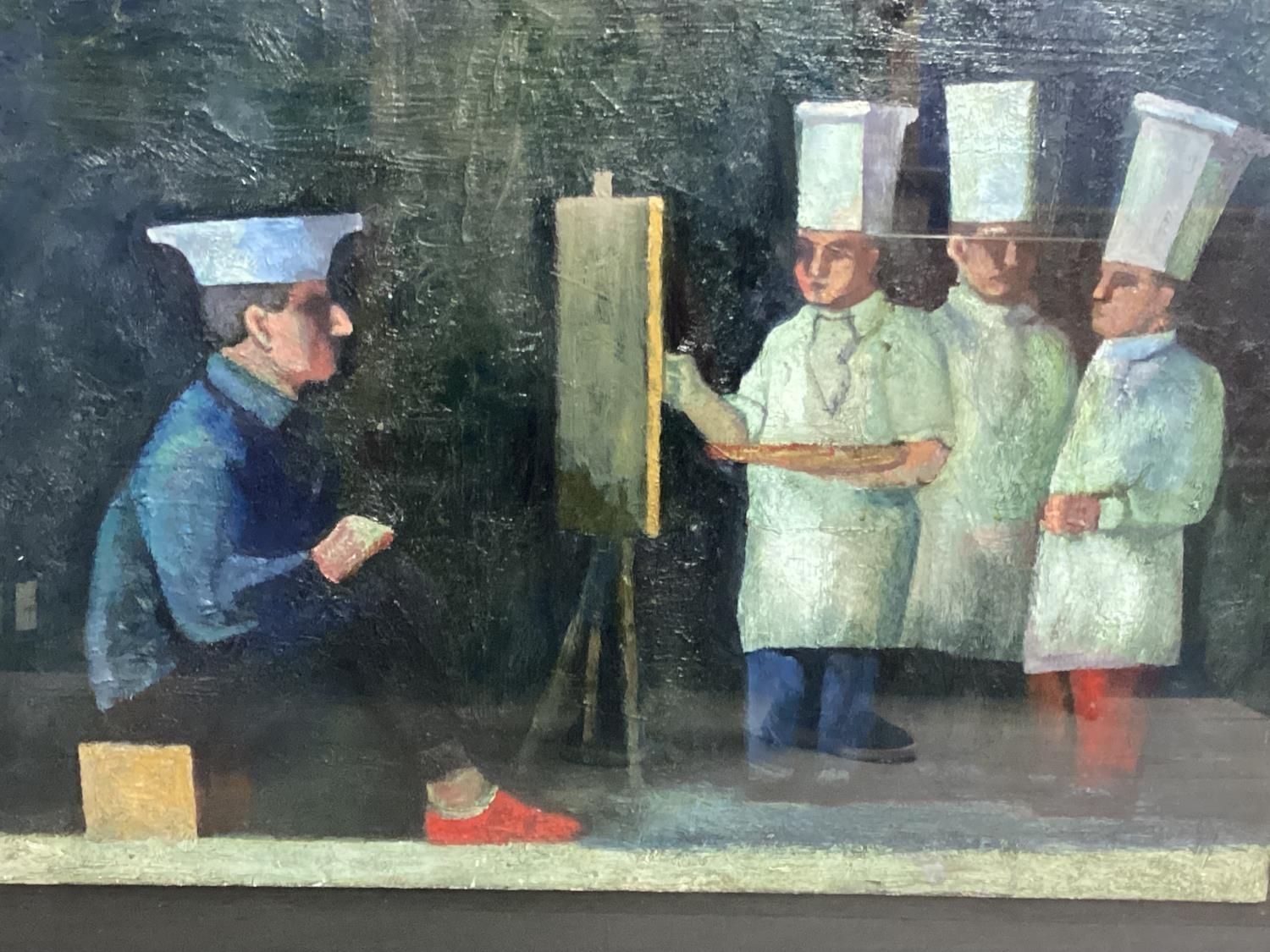 WILLIAM BALTHAZAR, British, Large black frame and glazed painting of chefs, La Gavroche, Provenance: - Image 2 of 3