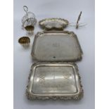A collection of silver plated items to include trays, toast rack and boxed cutlery