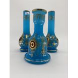 A pair of French Opaline blue and gilt jewelled decorated vases and one other 31cm H