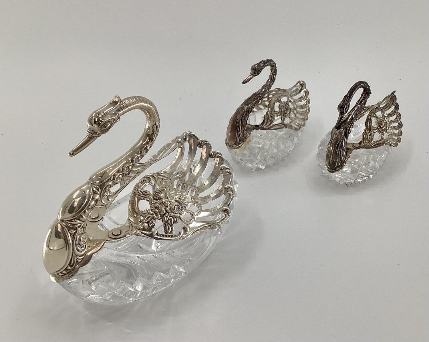 Three silver and moulded glass swan shaped table pot pouris, stamped 800 and 925, largest 15 x 17 - Image 9 of 9