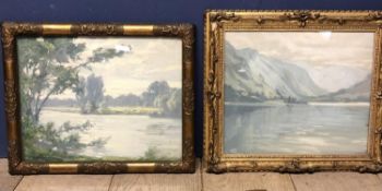 Early C20th oil on board of a Scottish lake scene in a gilt glazed frame 35 x 41; and a similar