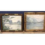 Early C20th oil on board of a Scottish lake scene in a gilt glazed frame 35 x 41; and a similar