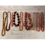 A collection of bead jewellery, to include a dogs tooth corat necklace, carnelian beads and three