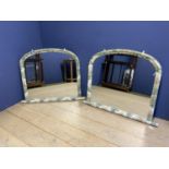 A pair of Victorian overmantel mirrors, arched plate with later converted fabric frame, 95 x 120cm