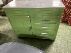 Vintage metal chest, green and grey metal, with left hand cupboard, and 4 drawers to the