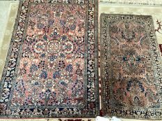 Two small antique rugs pattern blues/reds, 100 x 147 and 67 x 122, slight fray at ends