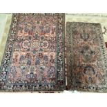 Two small antique rugs pattern blues/reds, 100 x 147 and 67 x 122, slight fray at ends