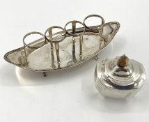 A sterling silver oval condiment holder, and an Art Deco style silver sugar, 402g