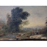 An C18th Italian school, Figures in a Romantic Landscape, oil on canvas, in a gilt frame, 13.5 x