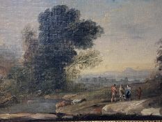 An C18th Italian school, Figures in a Romantic Landscape, oil on canvas, in a gilt frame, 13.5 x