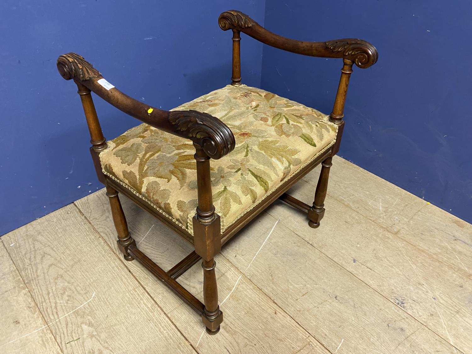 A mahogany framed piano stool, upholstered tapestry seat and a Walnut square framed stool, with