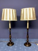 Pair of tall narrow black and chinoiserie Chinese style lamps , with cream and brown plated silk