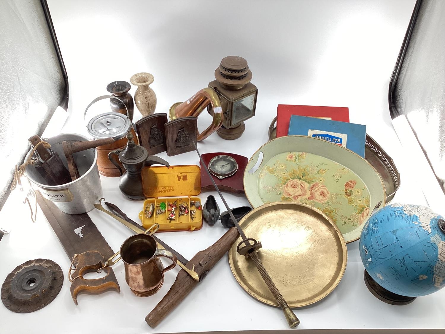 Quantity of collectables including metal wares, trays, brass, globe etc, see images