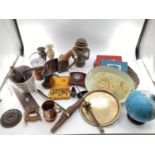 Quantity of collectables including metal wares, trays, brass, globe etc, see images
