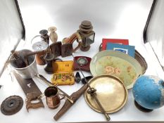Quantity of collectables including metal wares, trays, brass, globe etc, see images