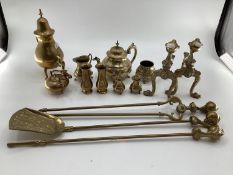 A quantity of brassware's including brass fire irons, pots, small kettles, trinkets etc