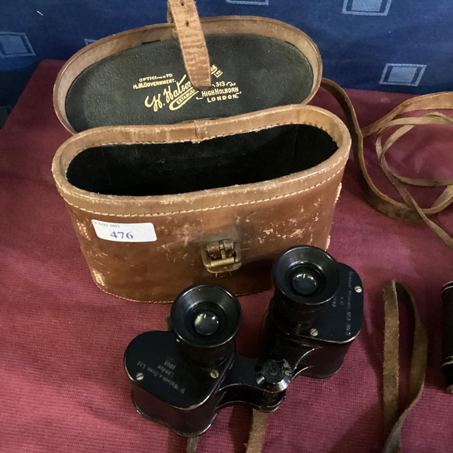 Pair of WW1 cased binoculars by W Watson & Sons Ltd, dated 1918, with broad arrow stamp, and a - Image 4 of 6