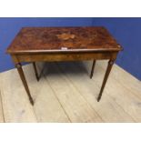 A small Edwardian inlaid walnut side table, depicting musician theme, 73cmW x 64cmH, and a small