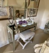 Contemporary mirrored side table with two drawers, one handle missing. 111cm L x 86cm H