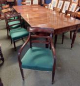 Set of 8 (6 +2( Regency mahogany dining chairs, seats upholstered in green material. One chair is