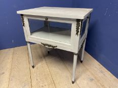 Grey painted drop front, glazed cabinet on stand on tapered legs 68L x 79Hcm