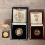 A collection of gold coins. Half sovereign 500th anniversary First Gold Sovereign, 1982 Britannia