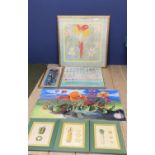 Quantity of colourful modern pictures and prints, some framed, and a set of green painted framed and