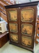 Two door mahogany wardrobe with 6 inset panels images of Italian scenes, some wear, 130 W x 182cmH