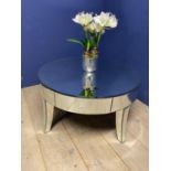 Low circular mirrored table, with four swept legs and two drawers, 92cm diameter x 40cm H