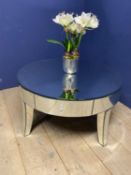 Low circular mirrored table, with four swept legs and two drawers, 92cm diameter x 40cm H