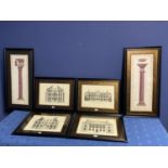 Set of 6 , 4 +2, Adam style architectural prints, in black and gilt glazed frames, tall pair 65 x